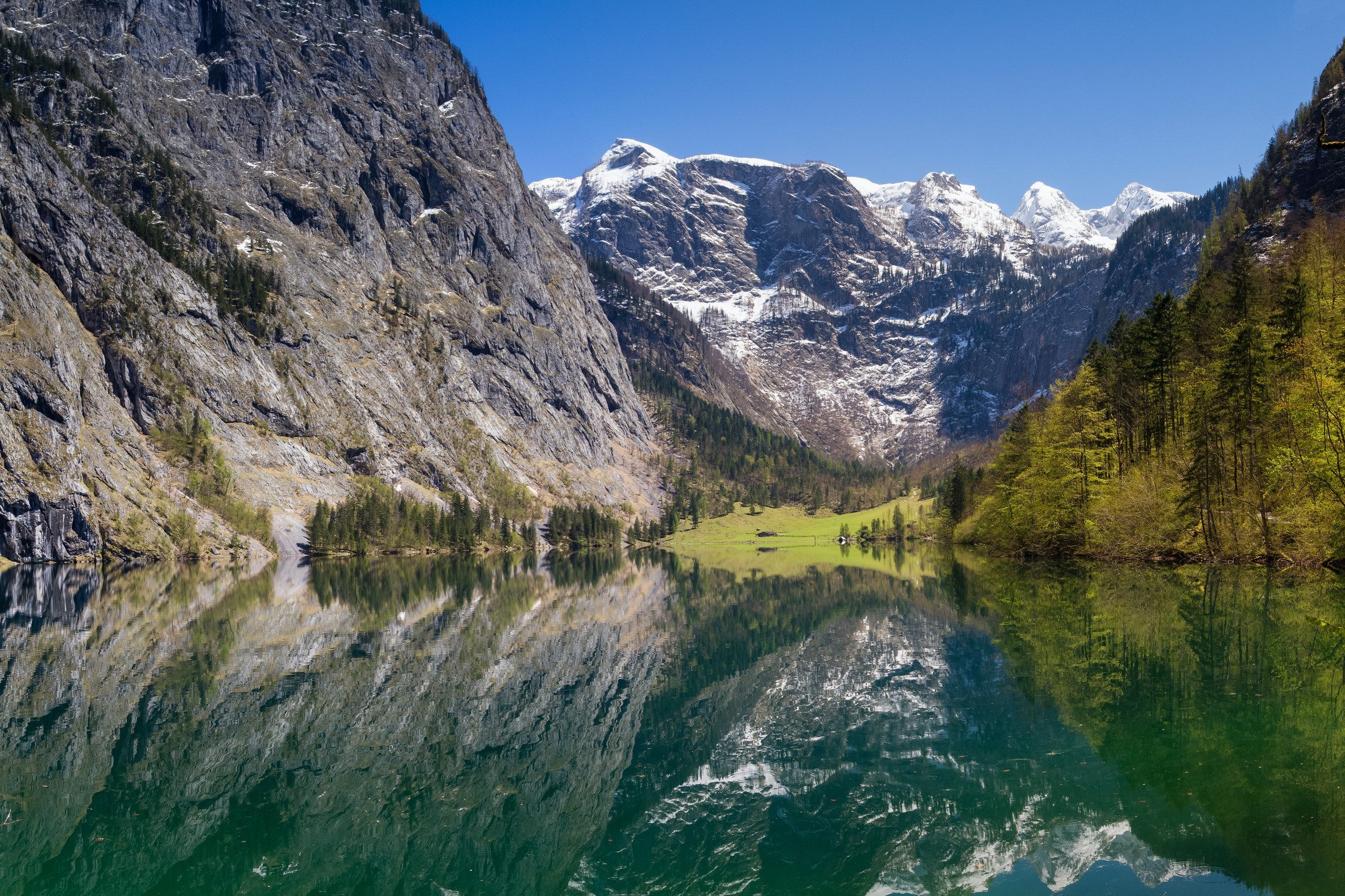 查詢成功 一張壯麗的山景照片,拍攝的是國王湖 (Königssee) 的一個峽灣或上湖 (Obersee) 的景色,湖水呈深綠色。