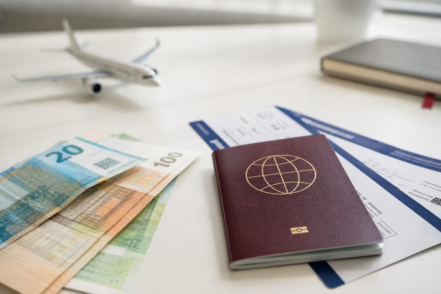登機證、護照與歐元現鈔置於桌面，象徵 EU261 航空補償申請準備