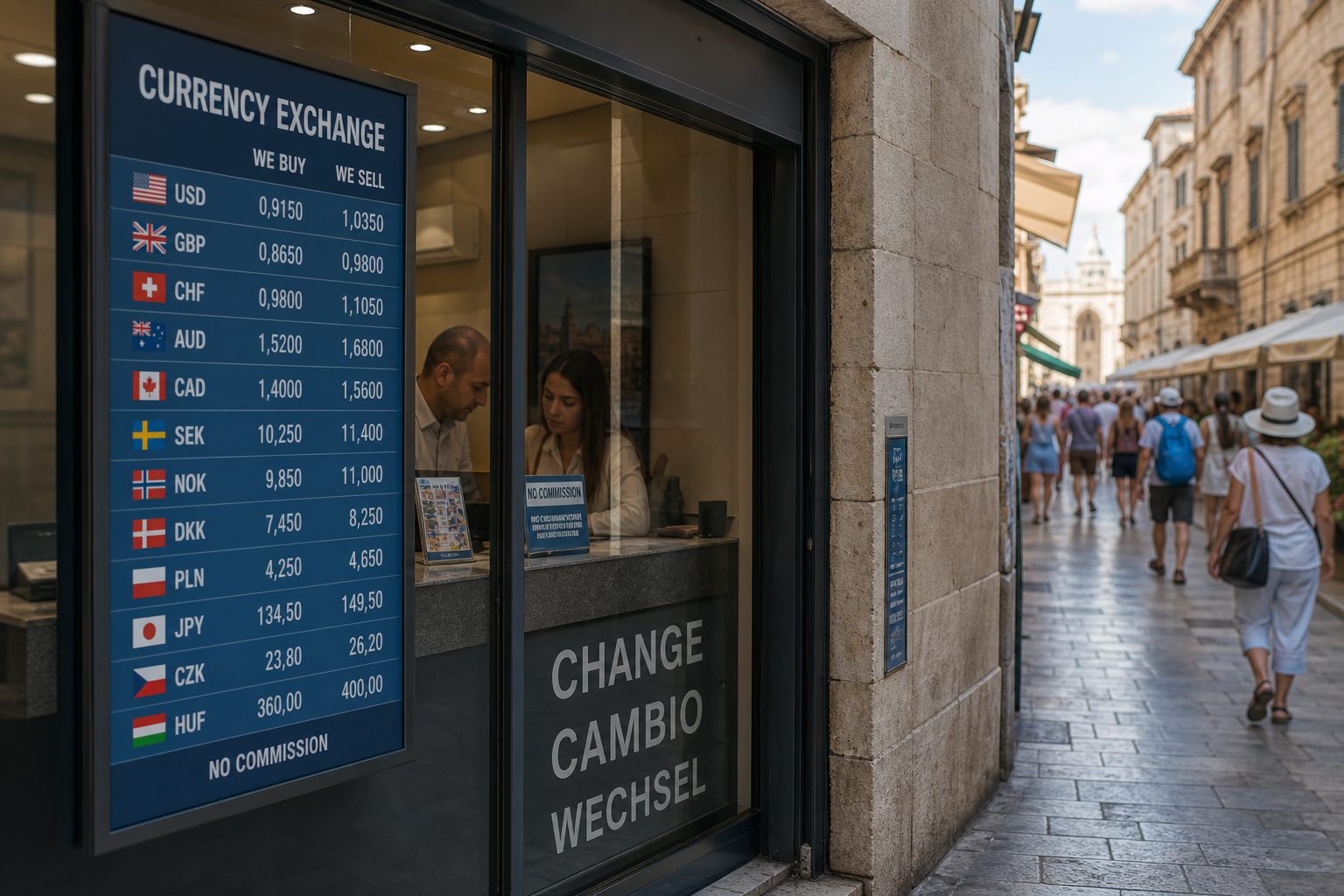 歐洲觀光區 Currency Exchange 換匯所，匯率需自行比較