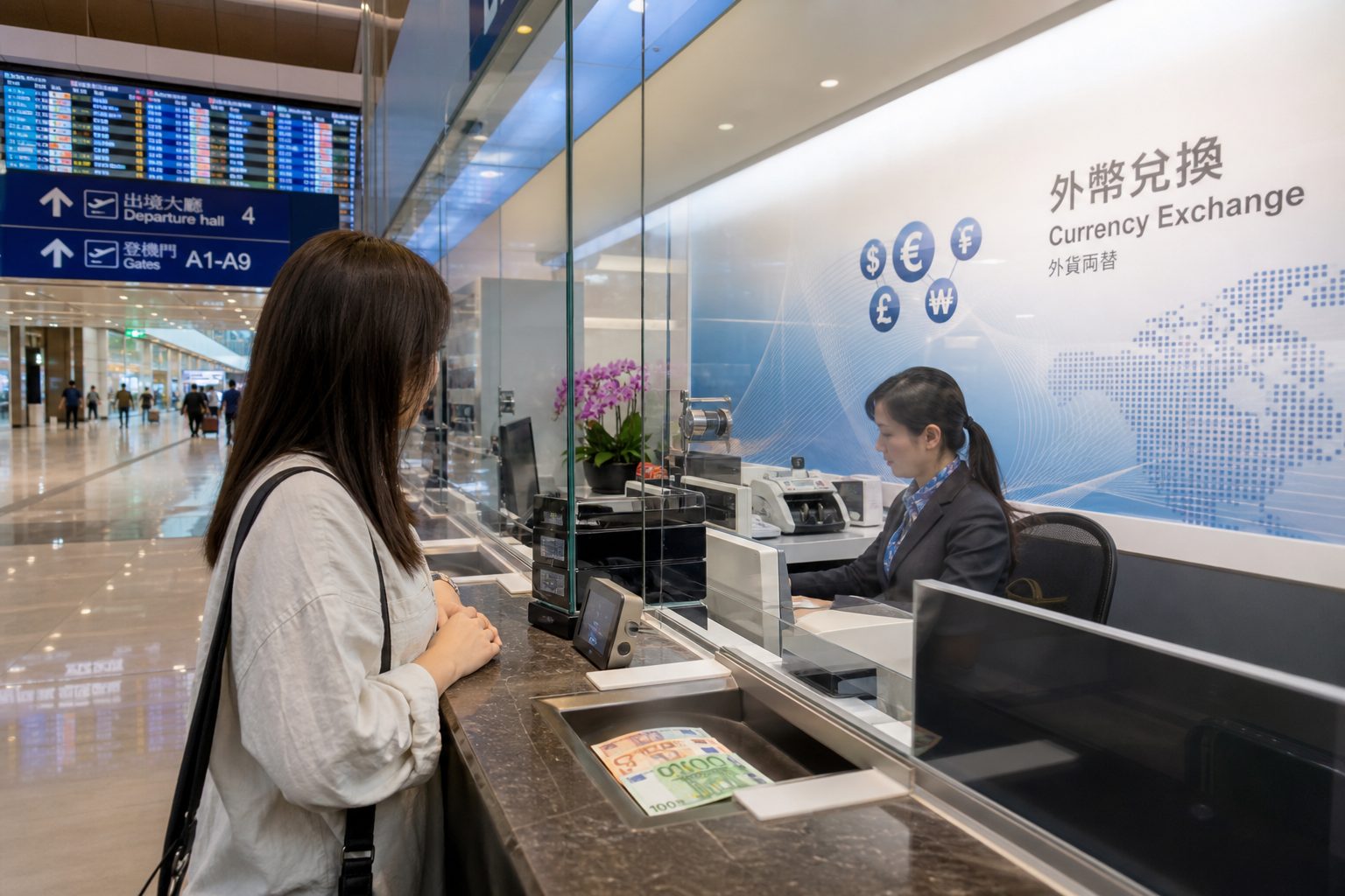 台灣機場外幣兌換櫃檯與歐元現鈔，適合臨時補少量歐元