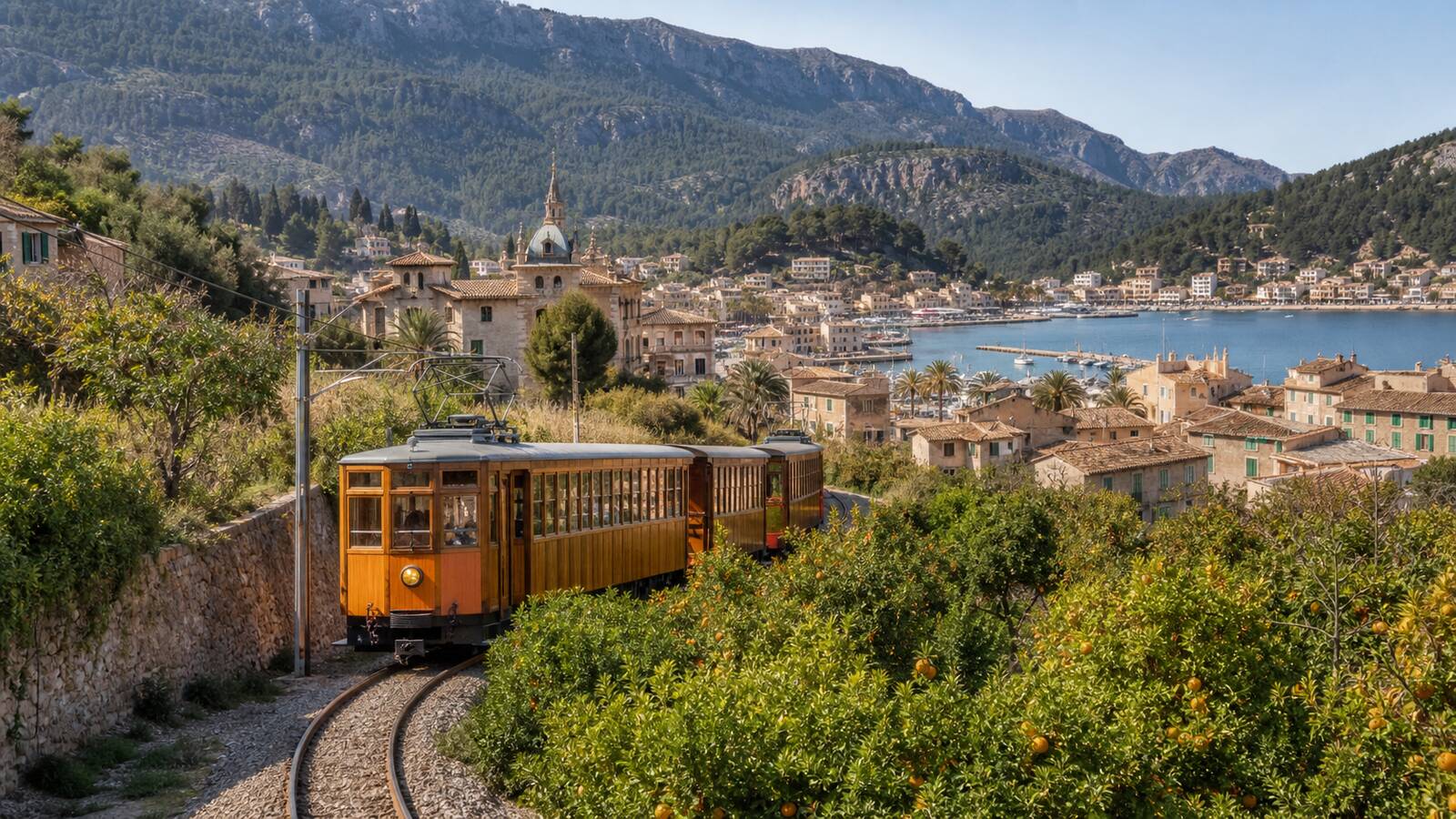 索列爾木質電車穿越橙橘園與地中海山城情境圖