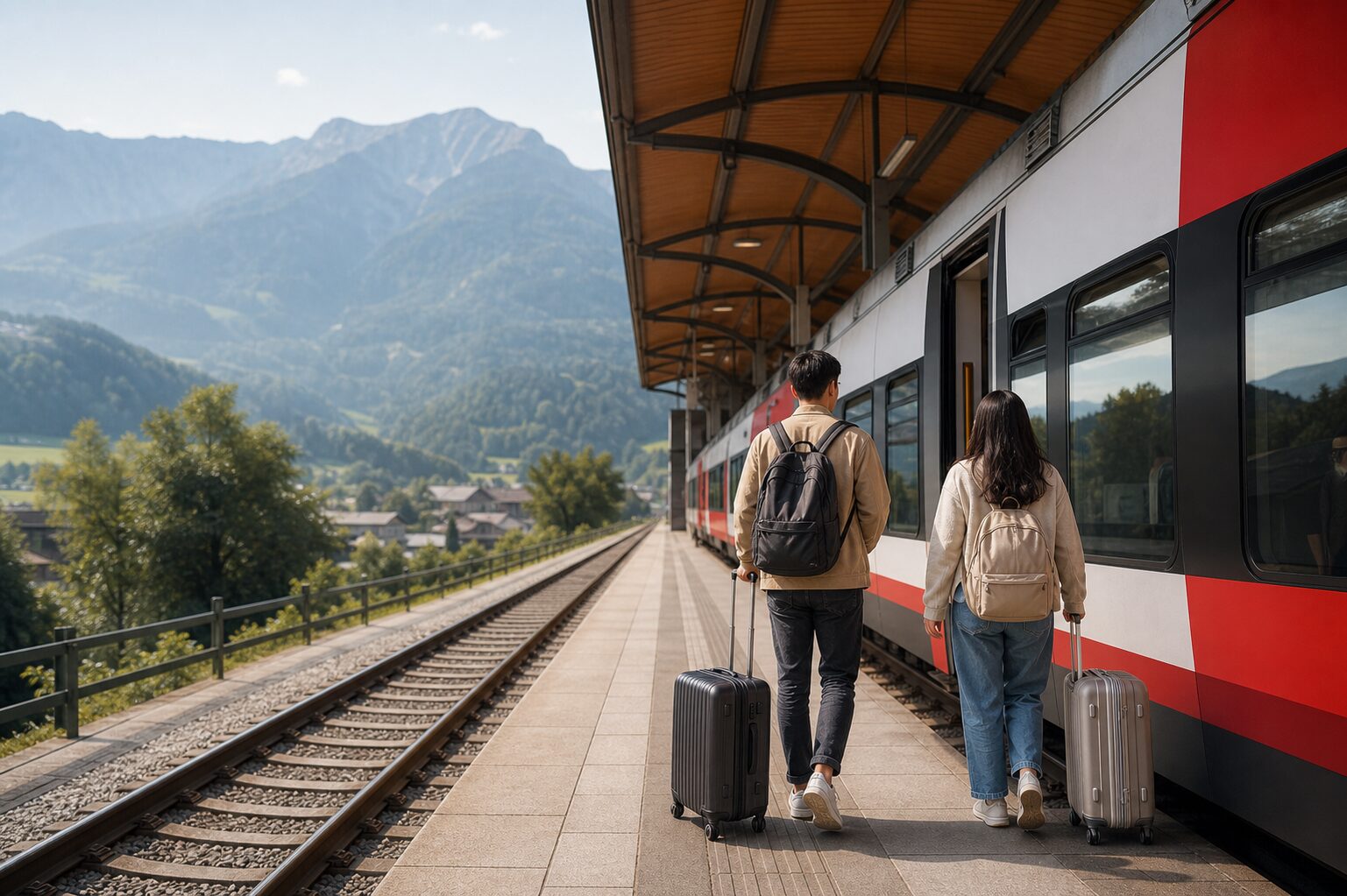 旅客攜帶行李準備搭乘阿爾卑斯山區城際列車的旅行情境