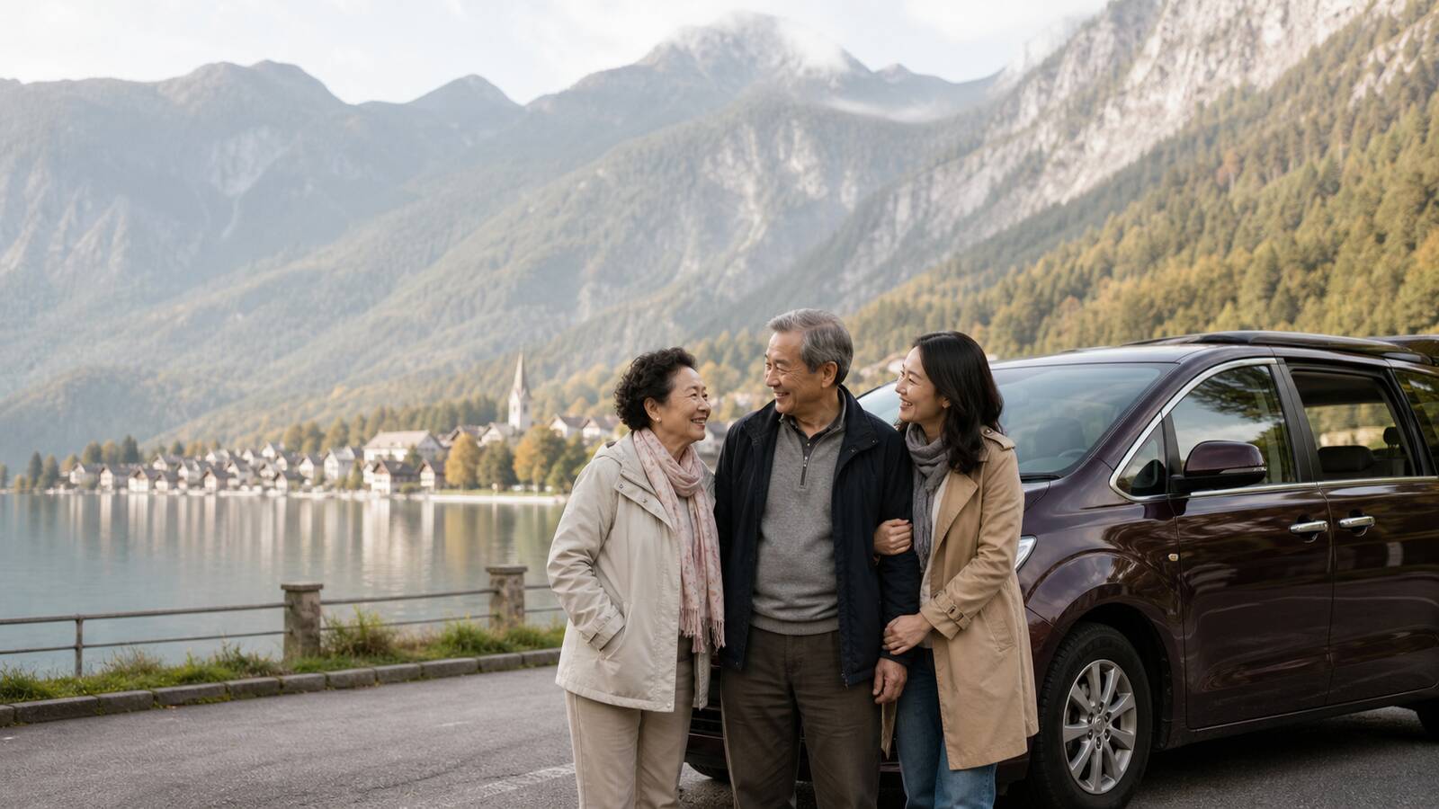長輩與成年子女在歐洲湖區包車旁休息，孝親慢旅規劃示意