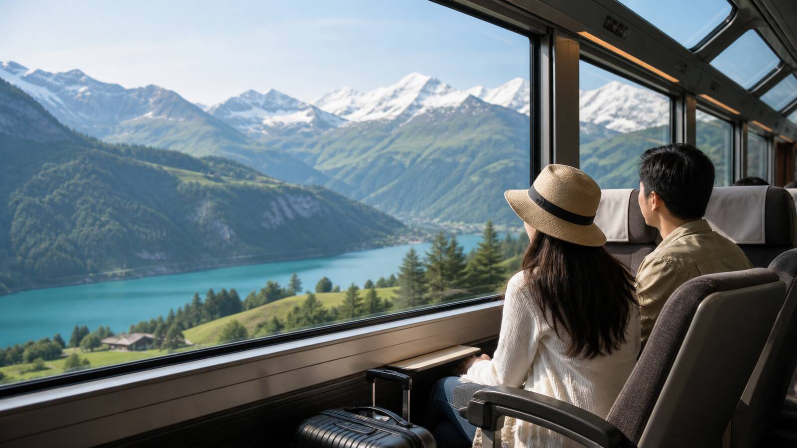 旅客從景觀列車車廂眺望瑞士湖泊與阿爾卑斯山