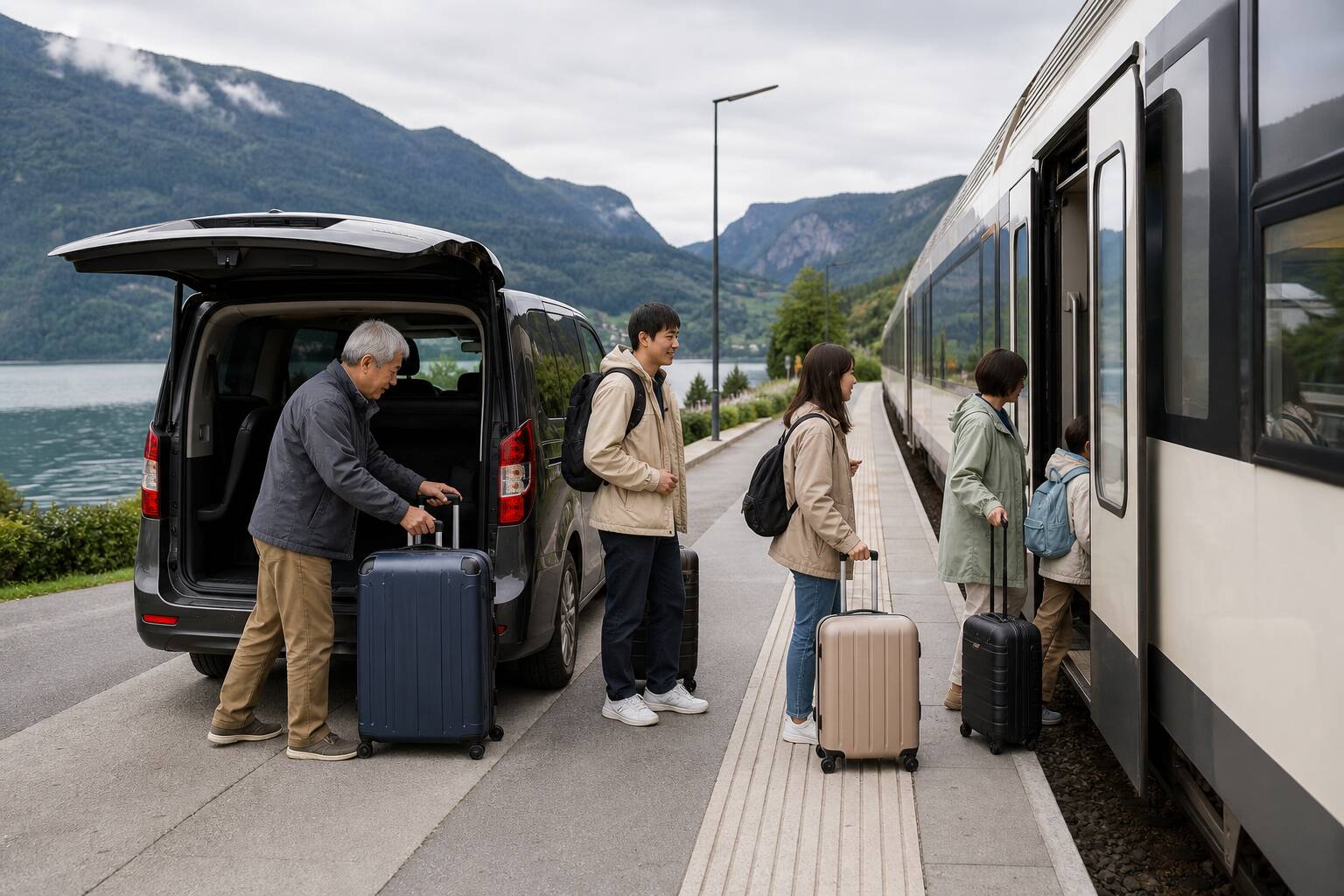 家庭旅客在瑞士風格湖畔車站由包車銜接山區列車