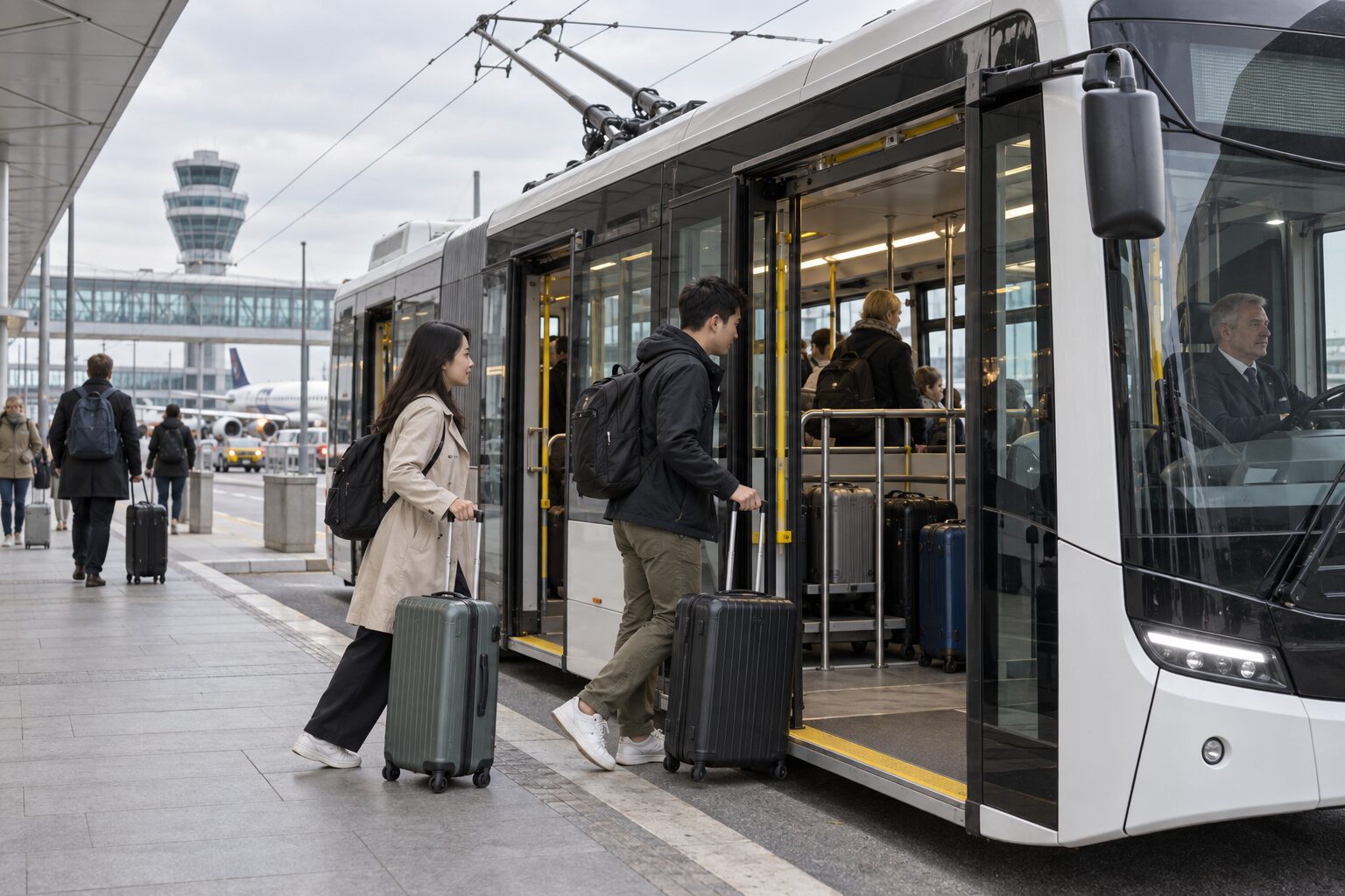 兩名旅客帶行李在歐洲機場外搭乘無軌電車