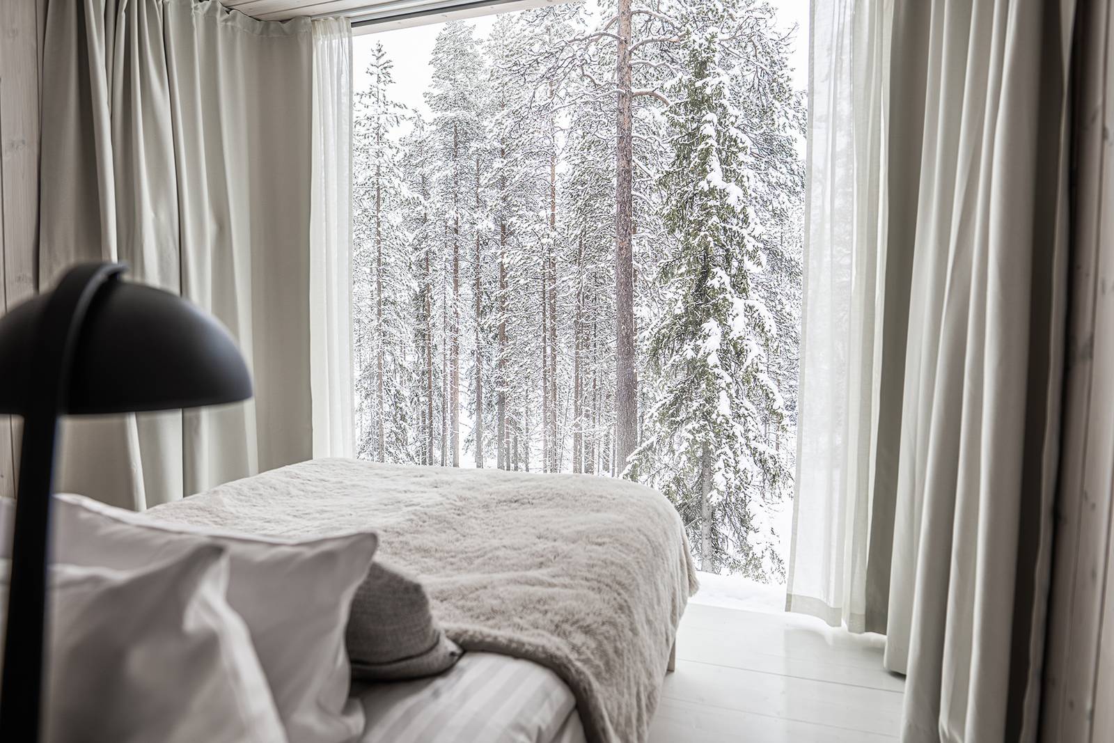 Arctic TreeHouse Suite 大床與面向森林的落地窗