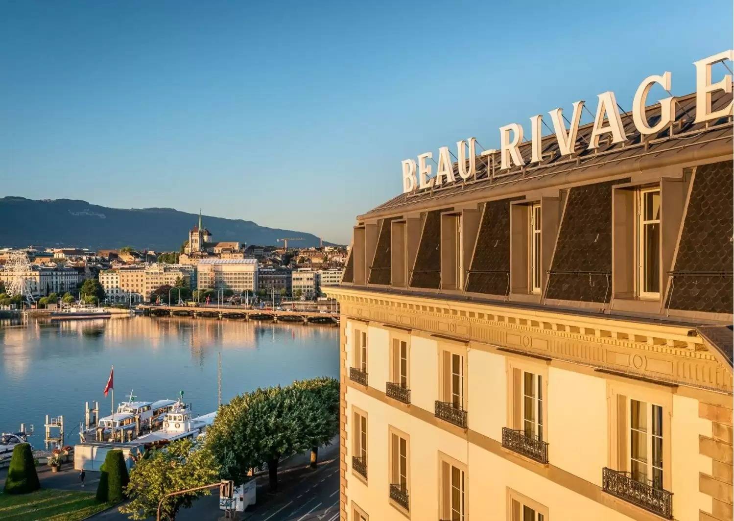 日內瓦 Beau-Rivage 酒店屋頂招牌與日內瓦湖畔