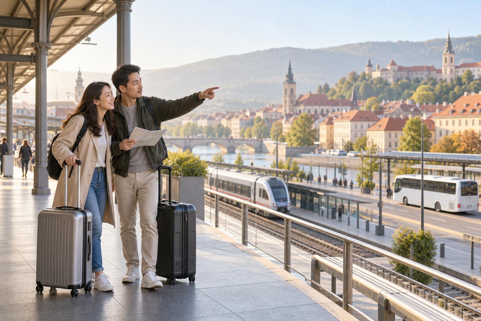 旅客在中歐交通樞紐比較火車與巴士的捷克城際交通示意