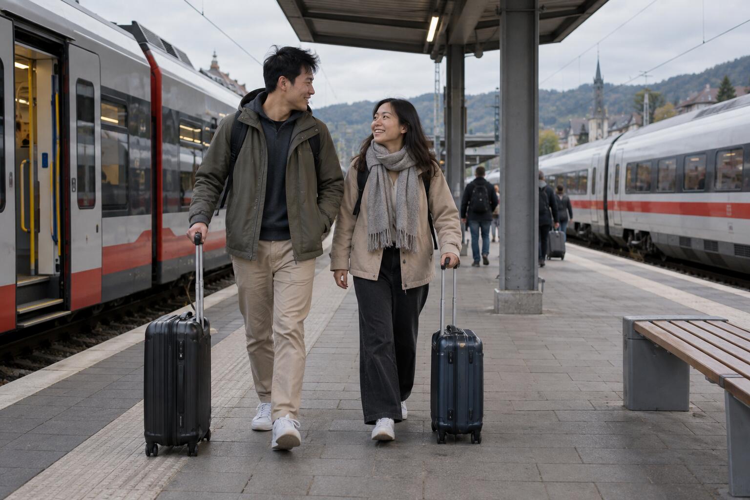 旅客在中歐鐵路月台攜帶行李轉乘火車的交通示意