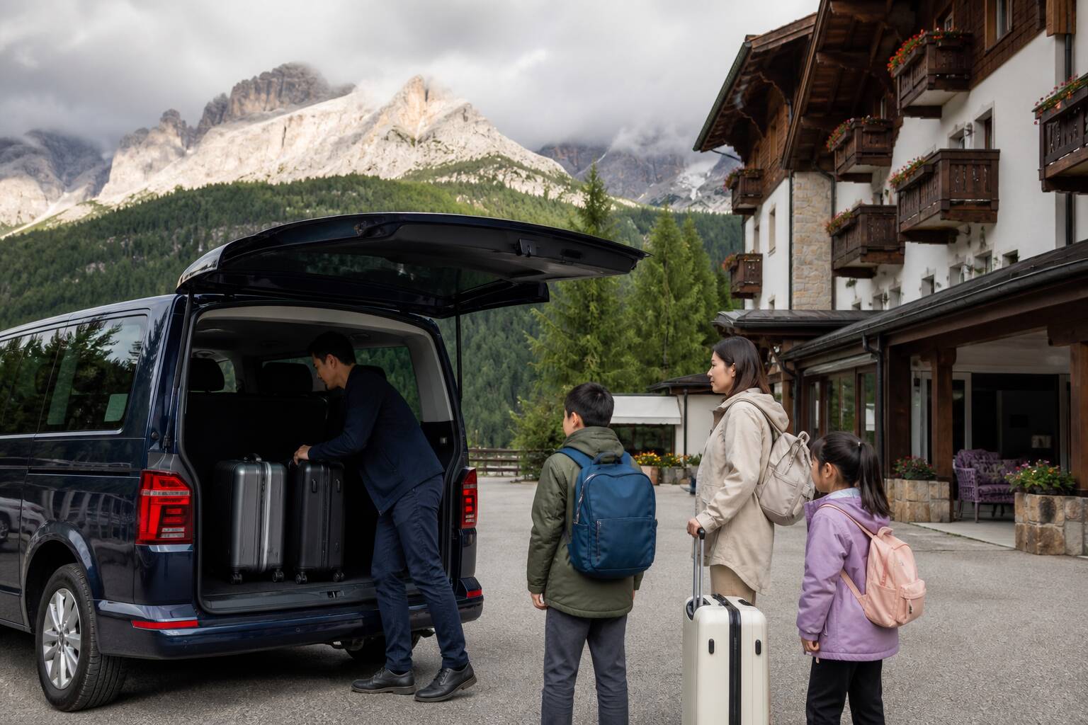 家庭旅客在山區飯店由包車協助搬運行李