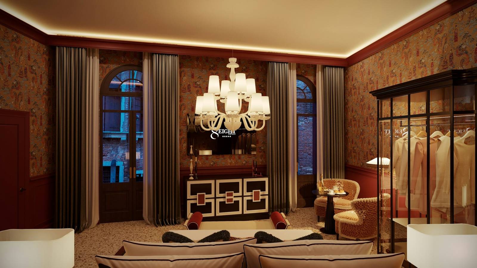 Eight Hotel Venezia 的 Deluxe 客房與穆拉諾玻璃吊燈