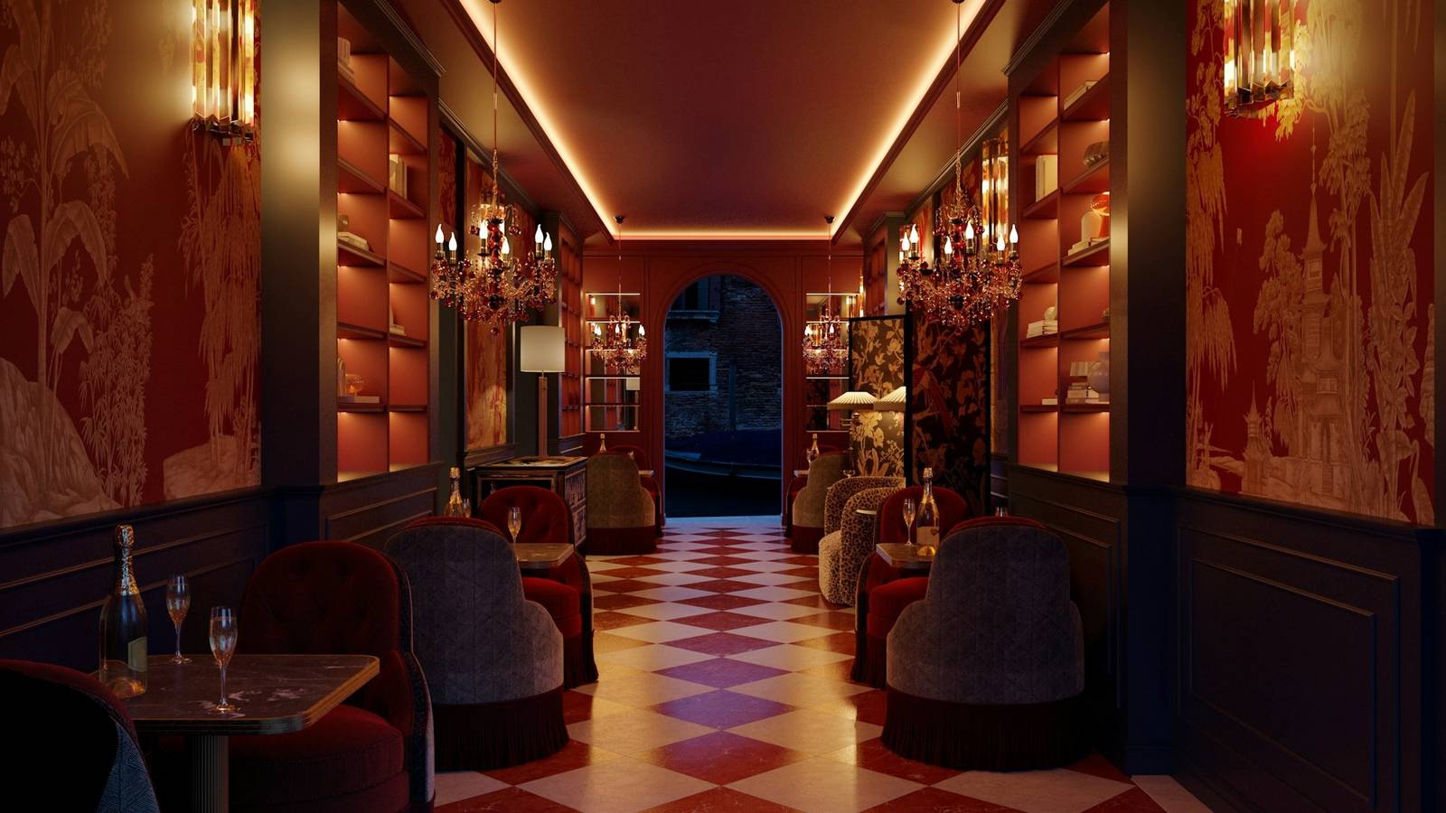 Eight Hotel Venezia 通往拱窗的公共走廊