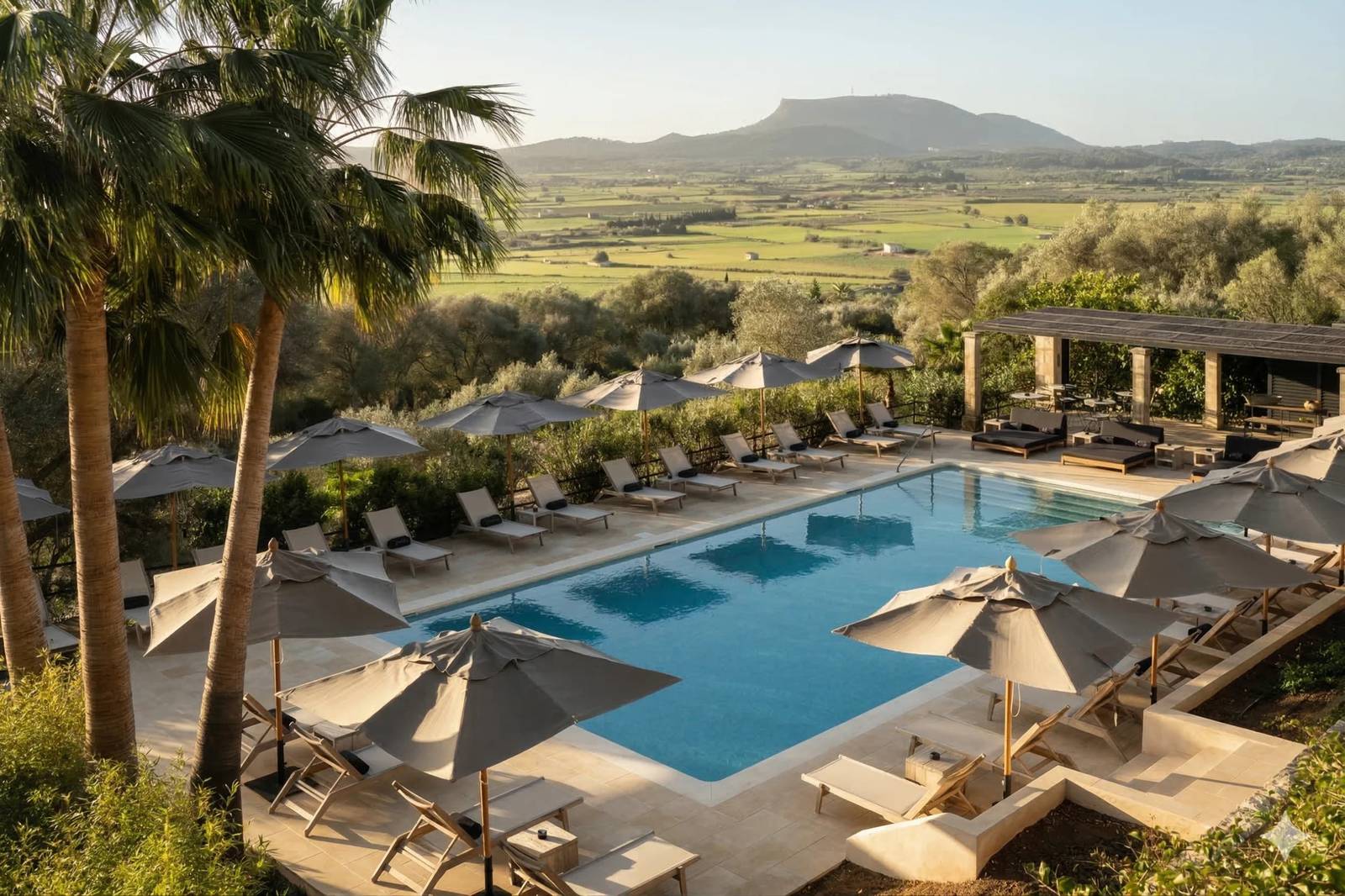 Finca Serena Mallorca 眺望平原的戶外無邊際泳池