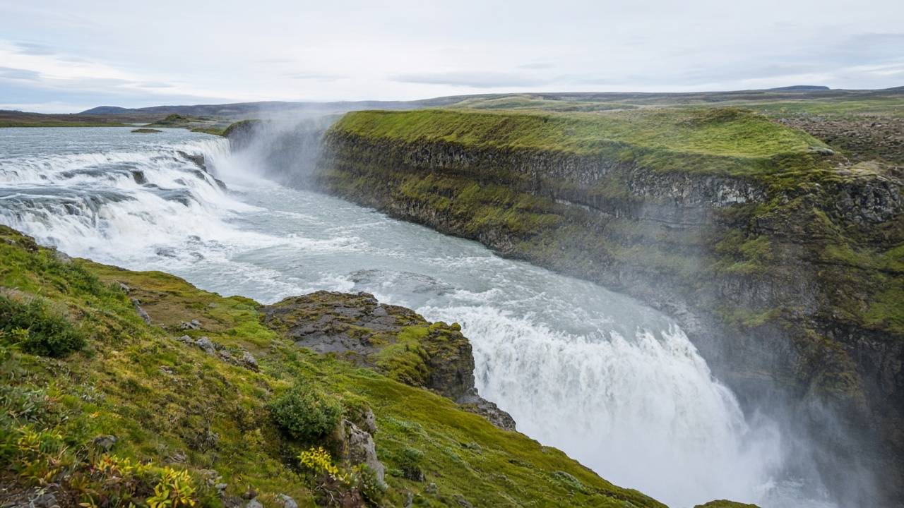 冰島 Gullfoss 黃金瀑布夏季水流與雲影，冰島天氣與最佳旅遊月份封面