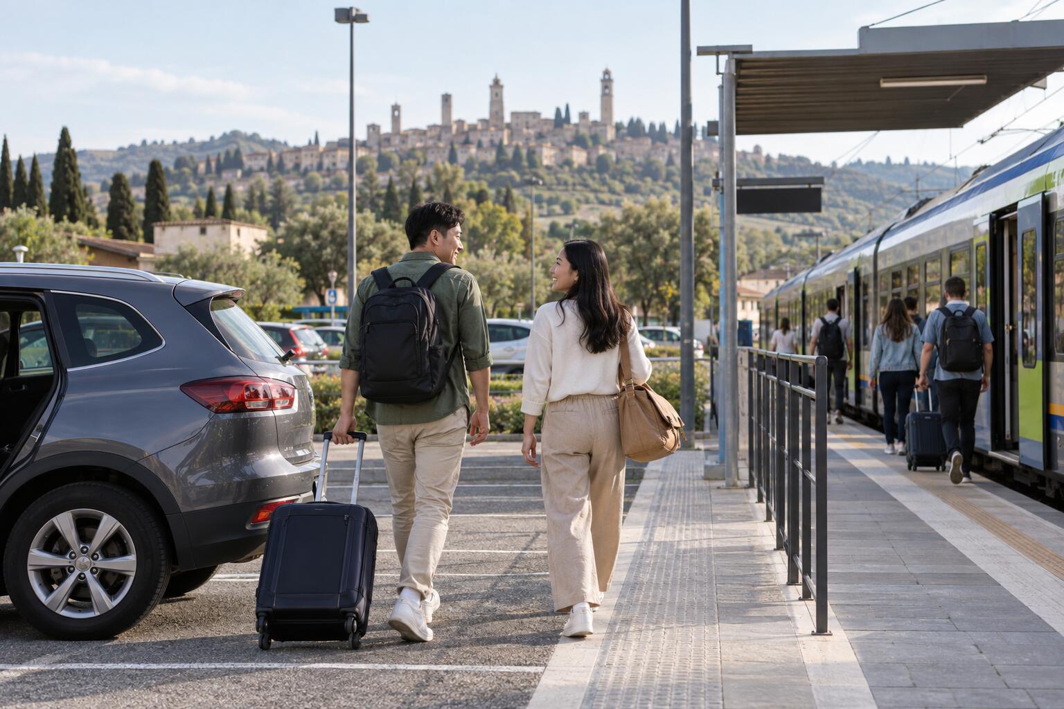 旅客把車停在義大利城市外圍後攜帶小行李轉乘火車的示意