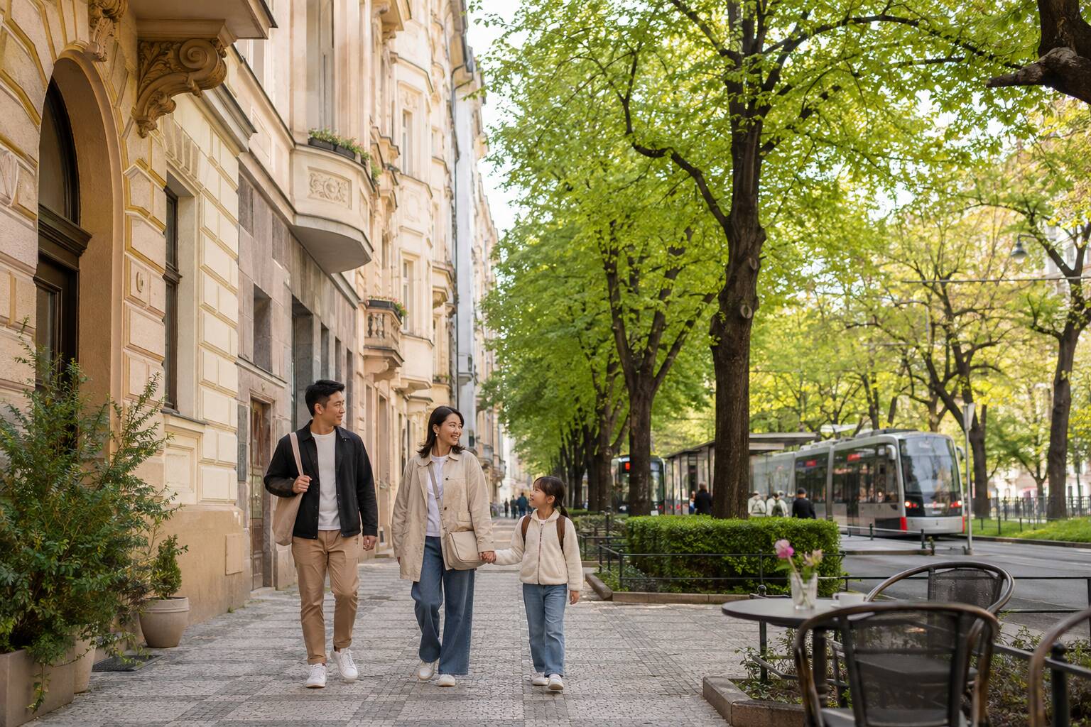 親子家庭走在有公園與大眾交通的中歐住宅街區