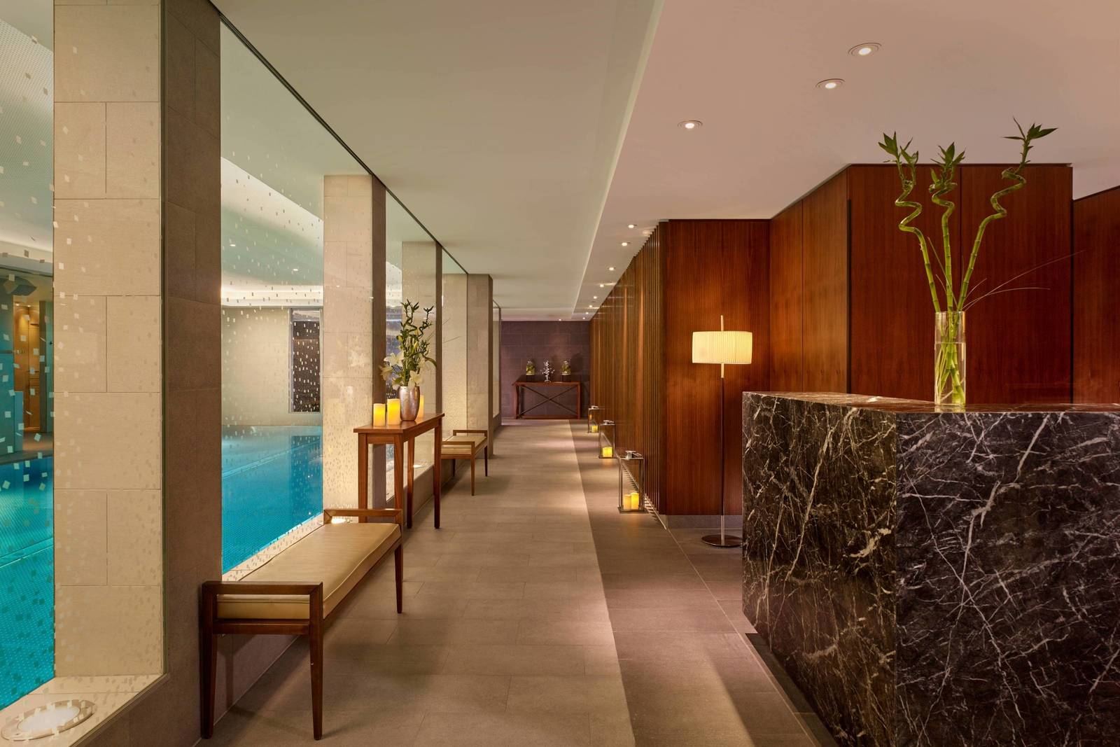 維也納麗思卡爾頓酒店 Spa 接待區與泳池廊道