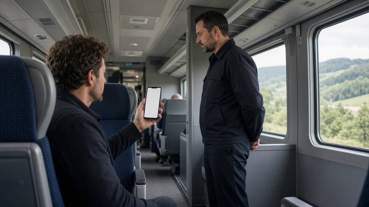 旅客在火車車廂出示空白螢幕手機供查票