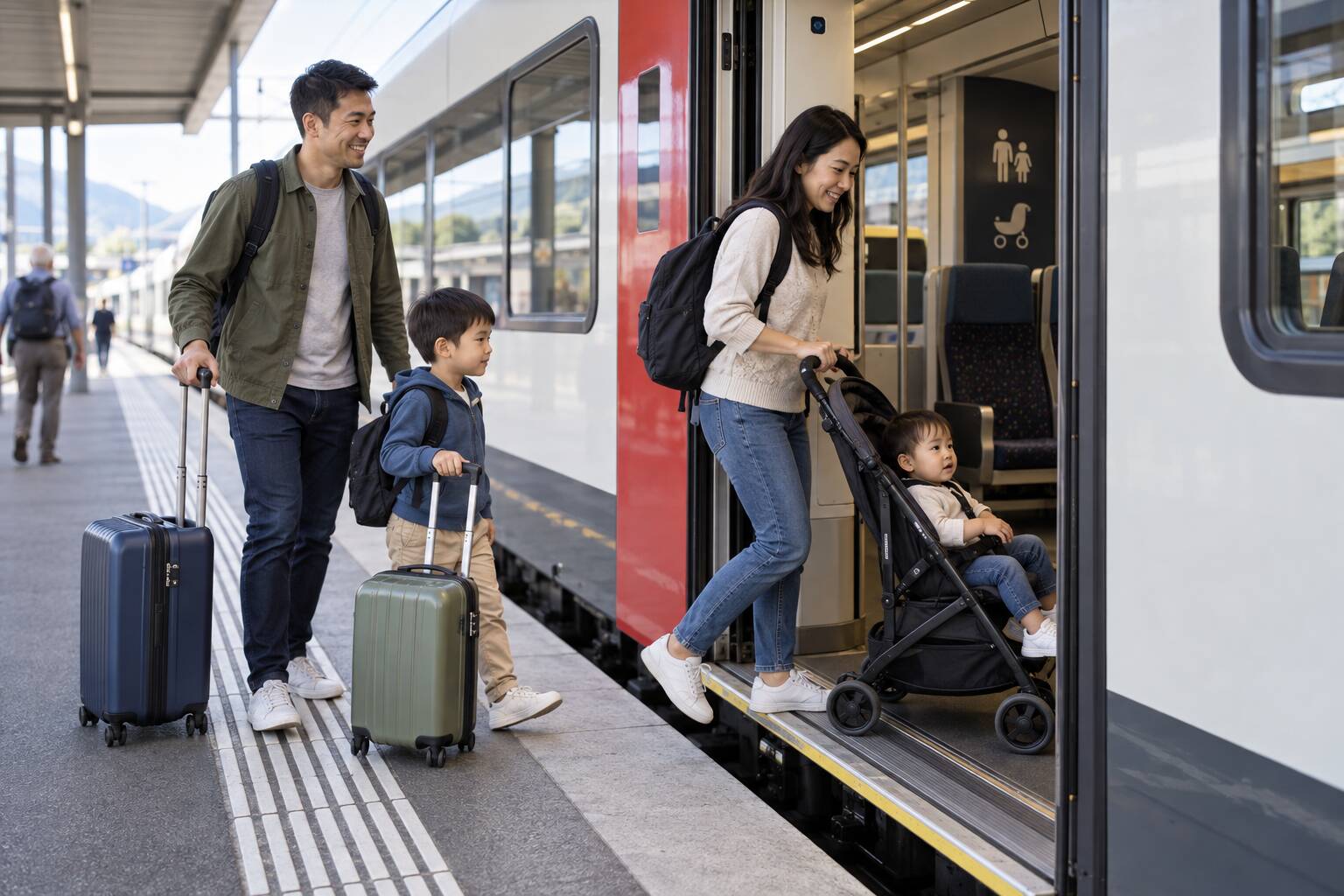 親子家庭帶著折疊推車與行李搭乘低地板列車