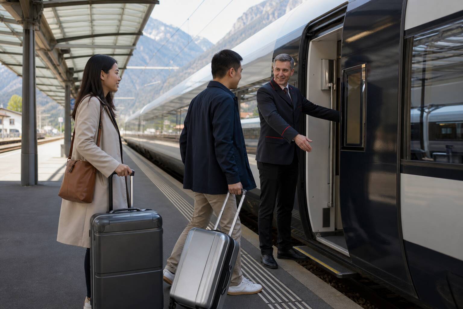 旅客帶著行李在阿爾卑斯地區車站搭乘跨國列車