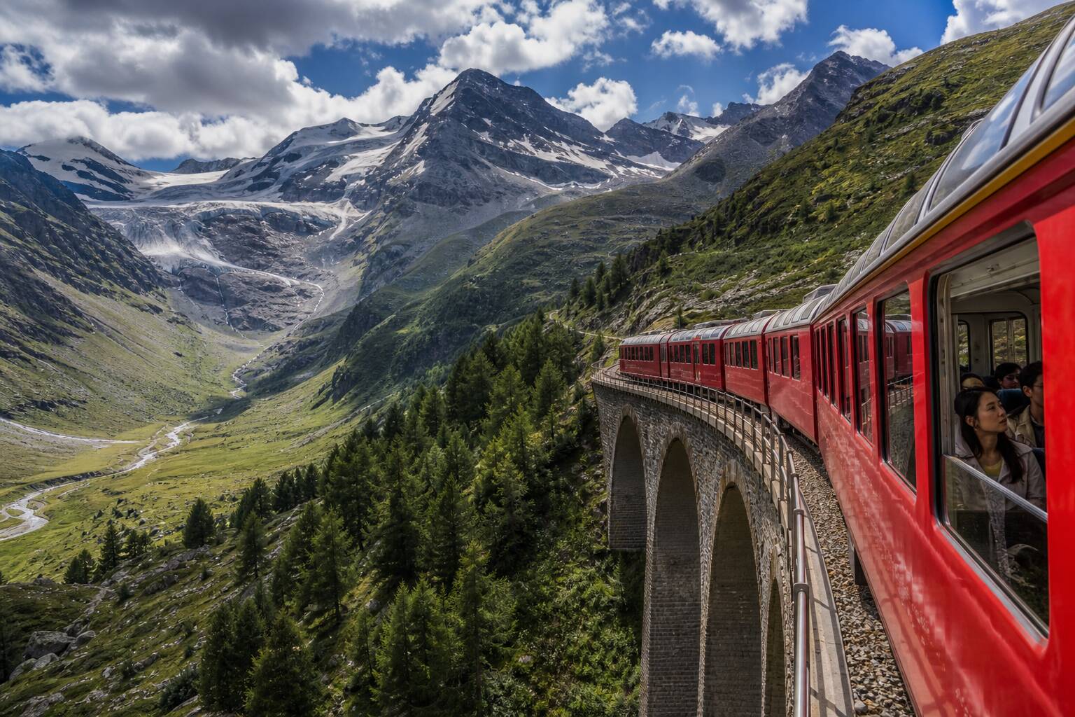 景觀列車行駛於阿爾卑斯山谷高架橋