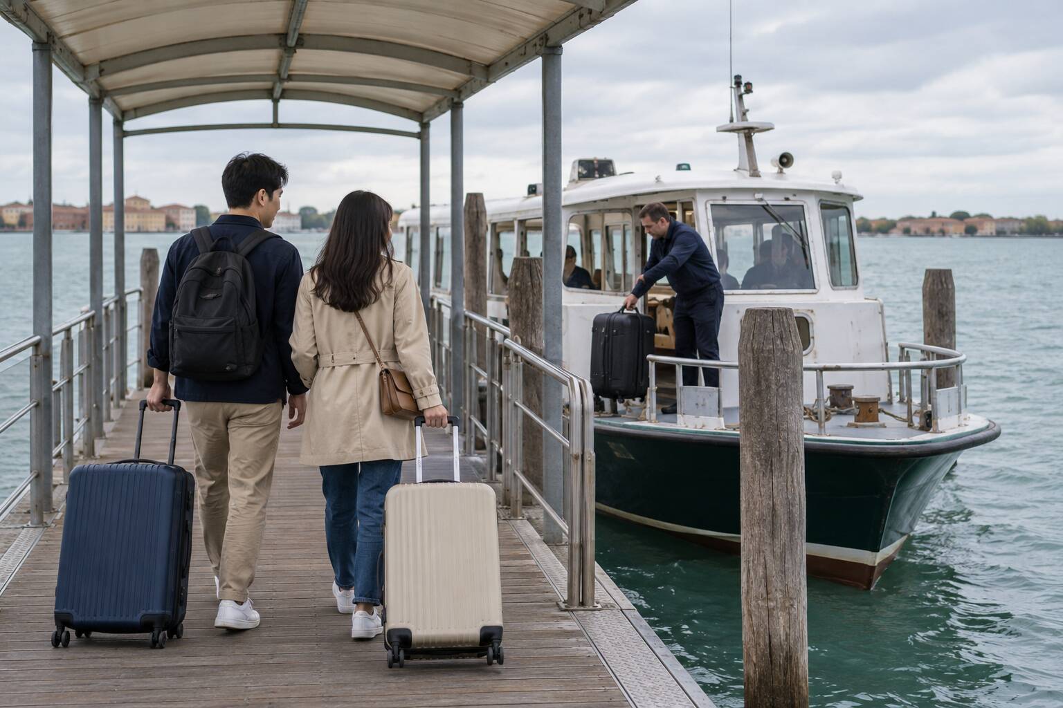 旅客帶行李從碼頭走向公共載客船