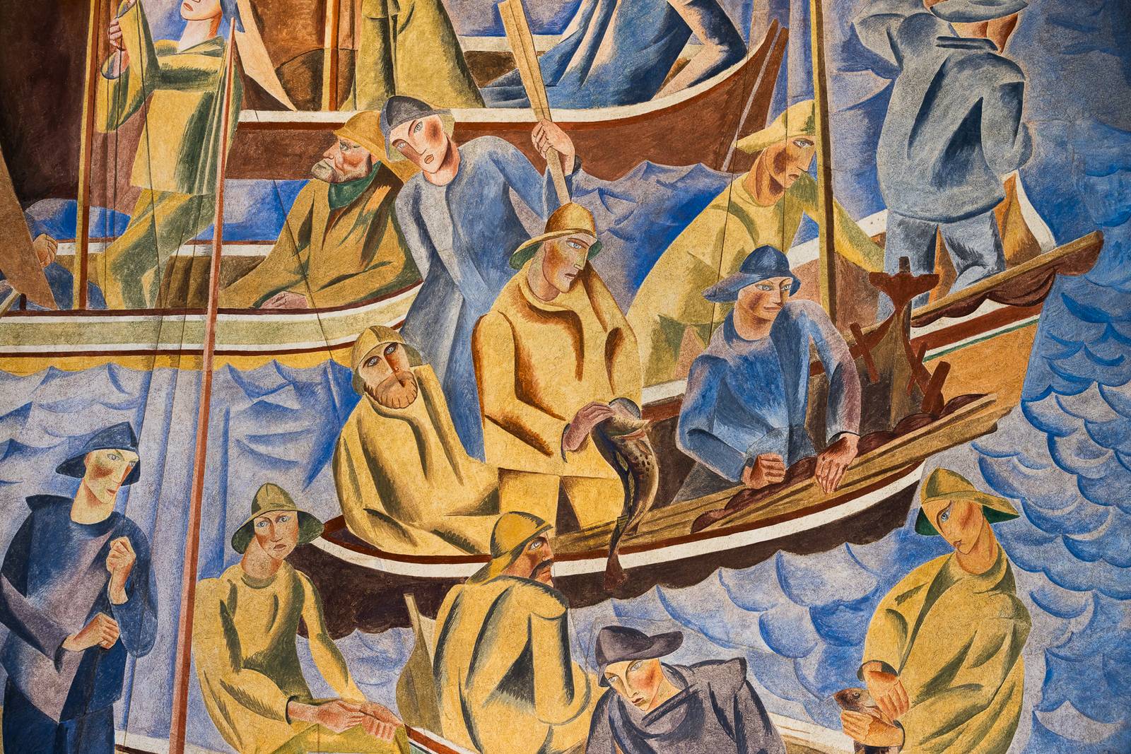 卑爾根 Bergen Børs Hotel Frescohallen 牆上描繪漁船與港口勞動的濕壁畫