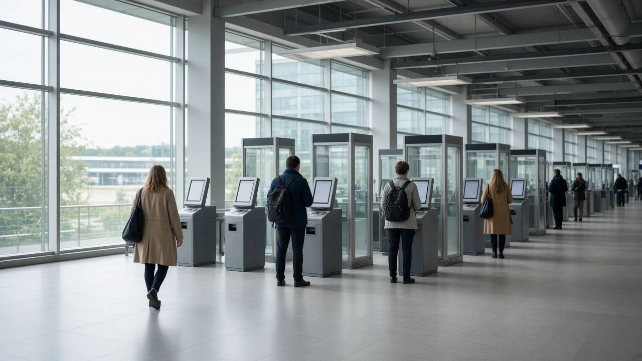 歐洲機場入境大廳的自助查驗機台與自動通關閘道,旅客背對鏡頭排隊
