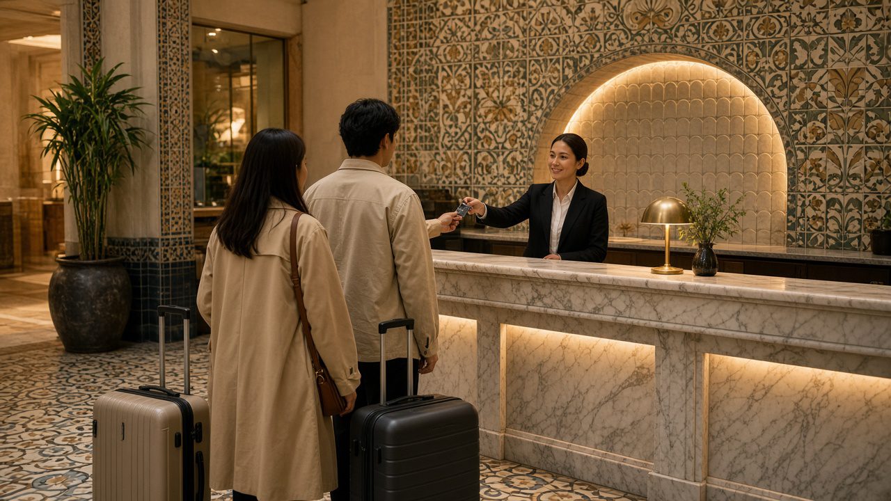 巴塞隆納飯店櫃檯,櫃檯人員把房卡交給拖著行李的旅客