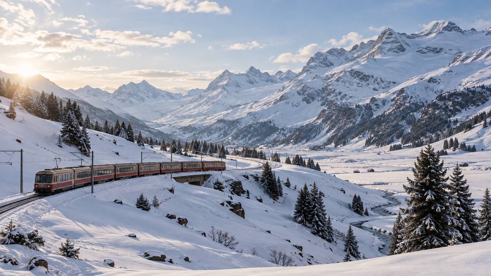 列車行經積雪山谷的阿爾卑斯旅行情境