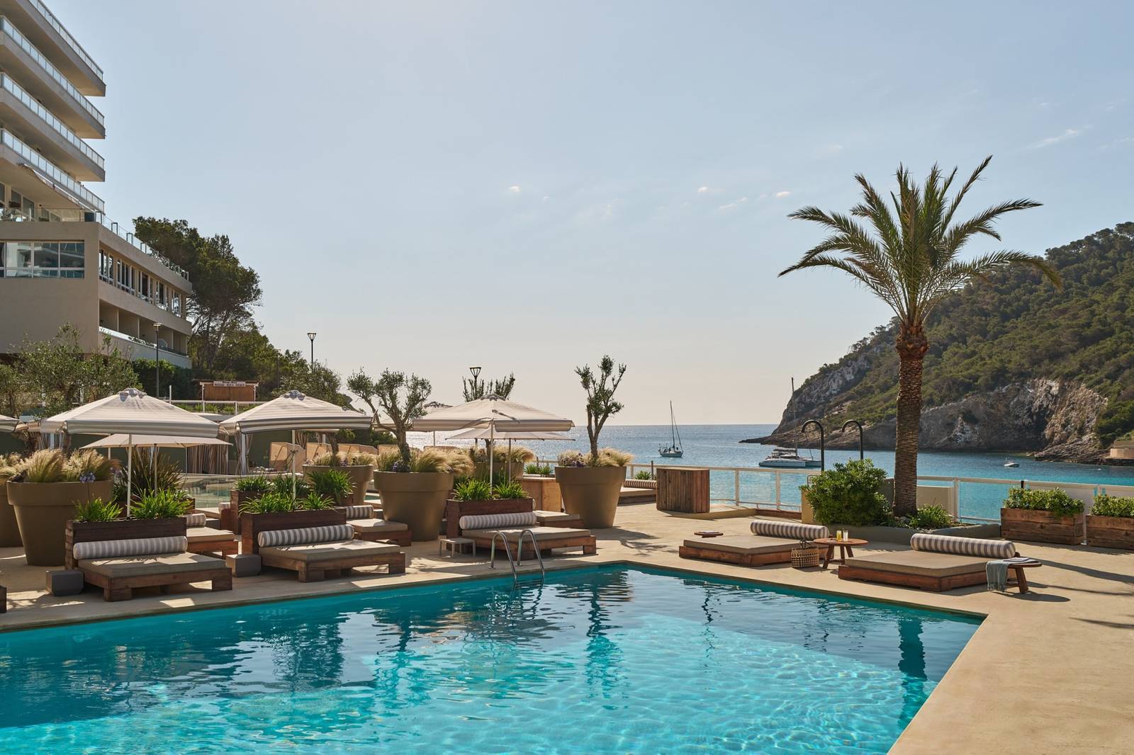 伊維薩 Mondrian Ibiza 棕櫚樹旁的泳池與海灣