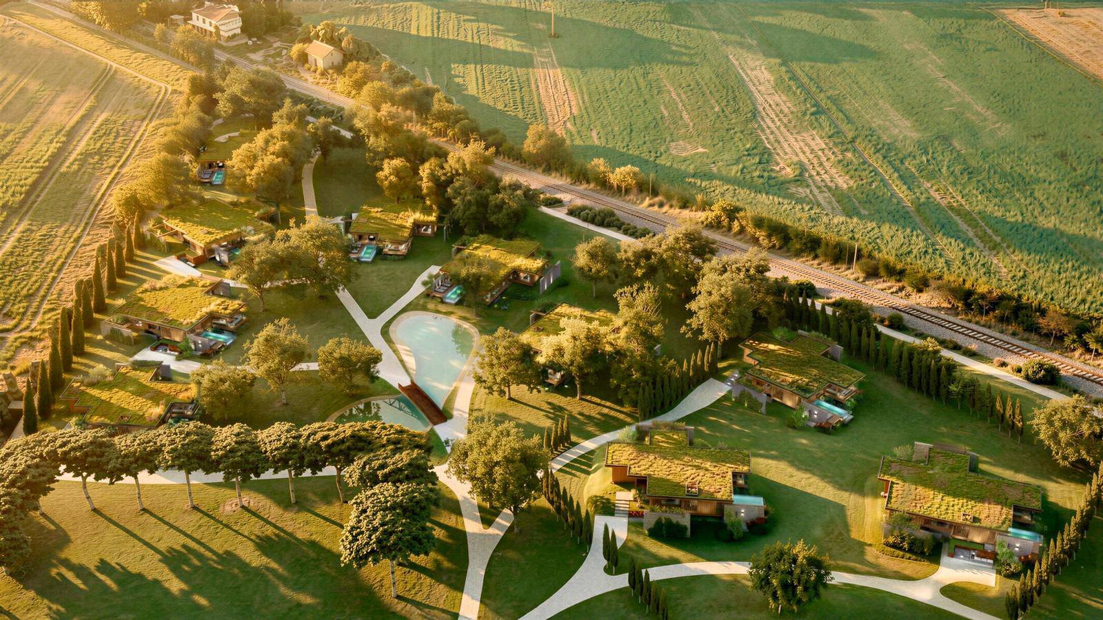 Relais San Clemente 莊園空拍,別墅散落在田野與樹林間