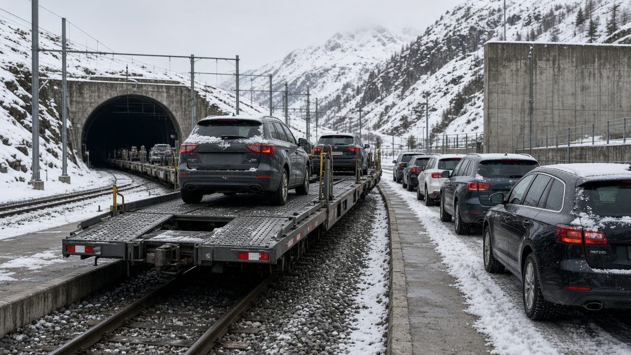 瑞士山區隧道口,汽車排隊開上平板車廂的汽車接駁火車