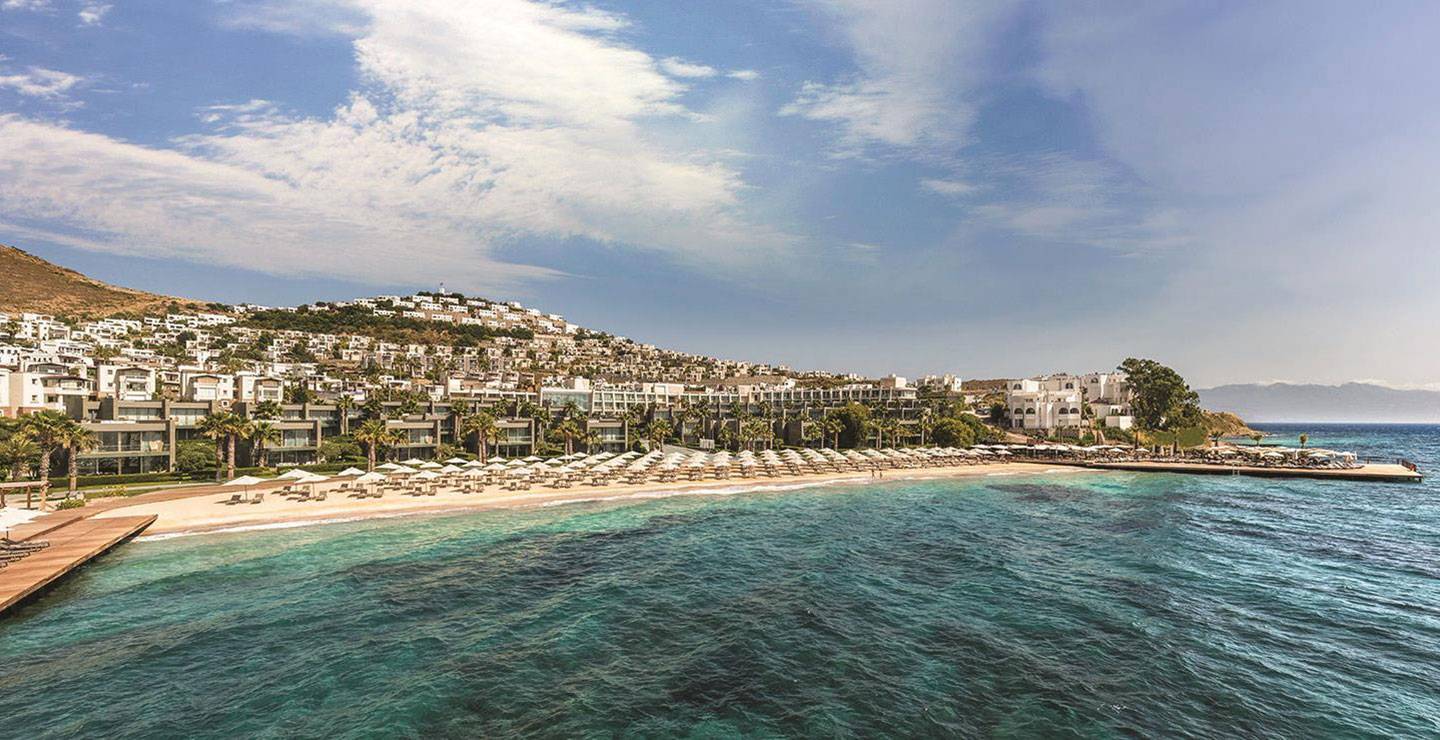 空拍博德魯姆 Turgutreis 海岸與酒店海灘