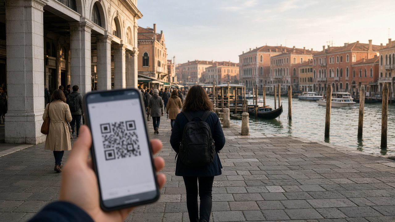 威尼斯聖露西亞車站外的運河步道,旅客手機上顯示入城 QR code