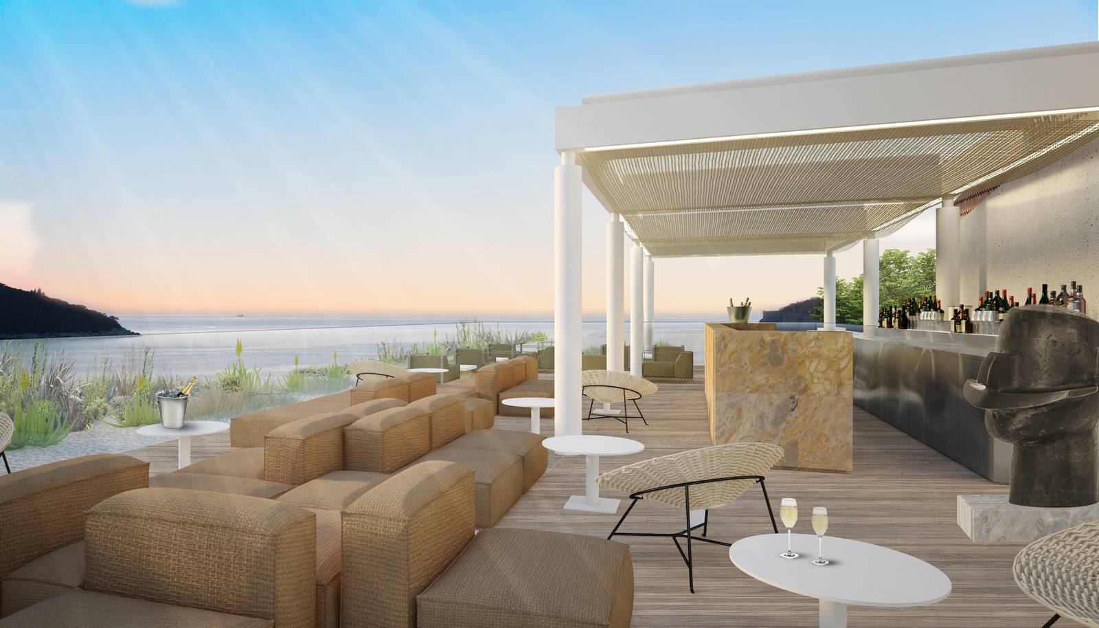 Villa Dubrovnik Galanto 屋頂酒吧的白色遮棚與沙發座